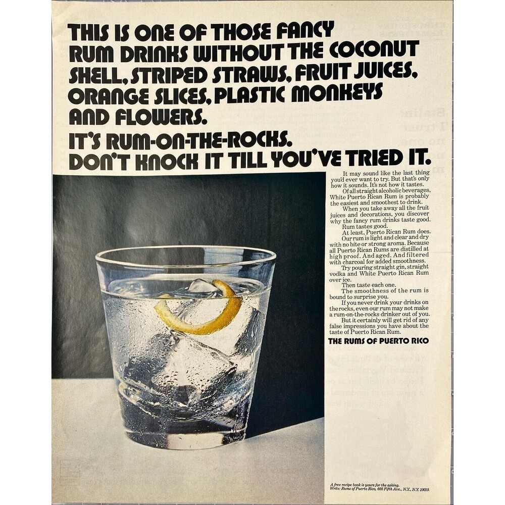 The Rums of Puerto Rico "Don't Knock it Till You've Tried IT" Vtg Print Ad 1970